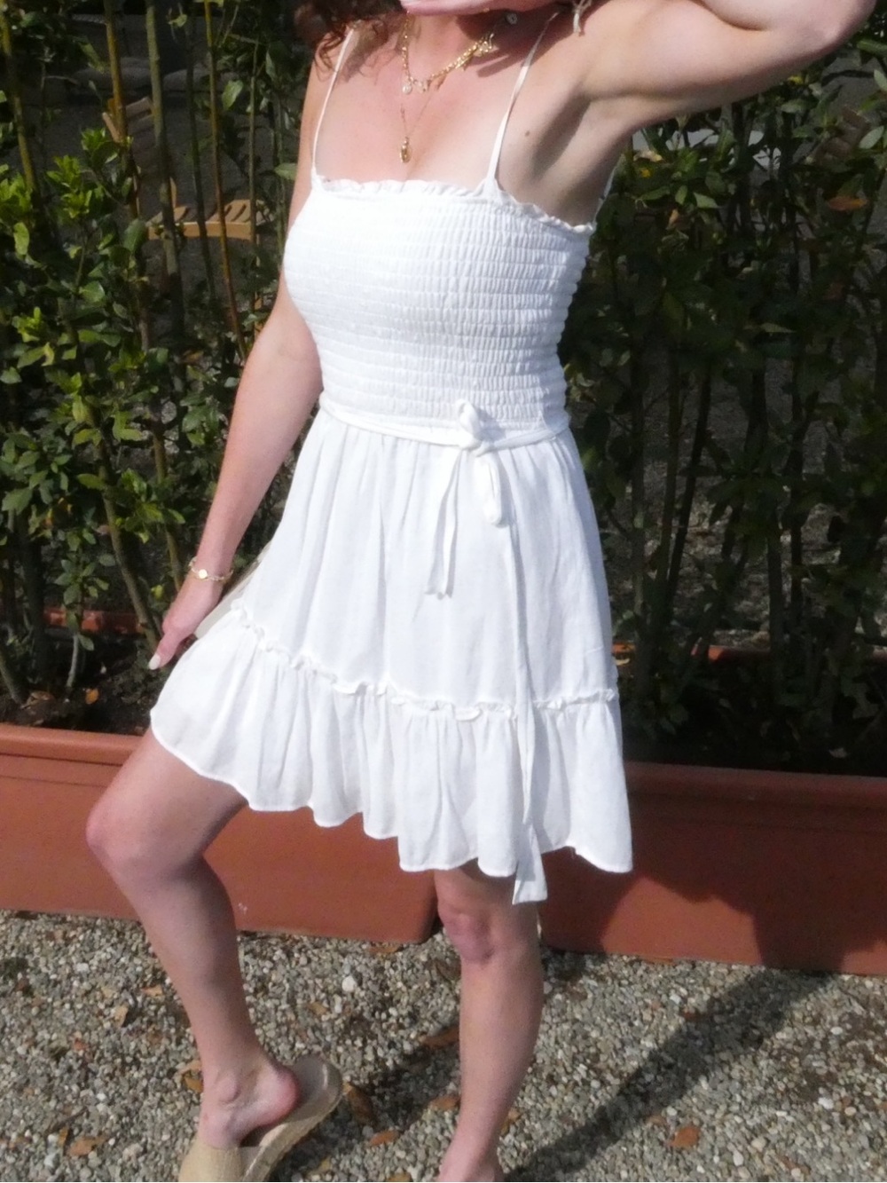 Smocked White Mini Dress with Spaghetti Straps